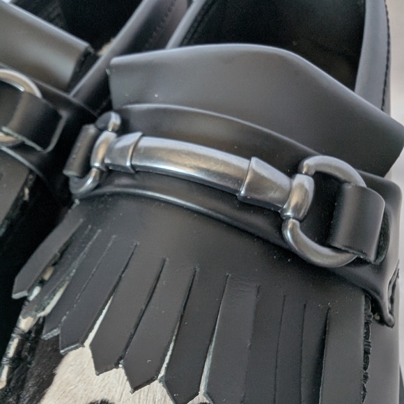 Dr. Martens Adrian Snaffle Quad Black/White Cow Print Horsebit Leather Loafers - Picture 8 of 14